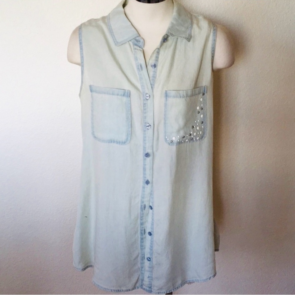 $140 ABS Allen Schwartz Soft Washed Vintage Denim Button Down Blouse Top